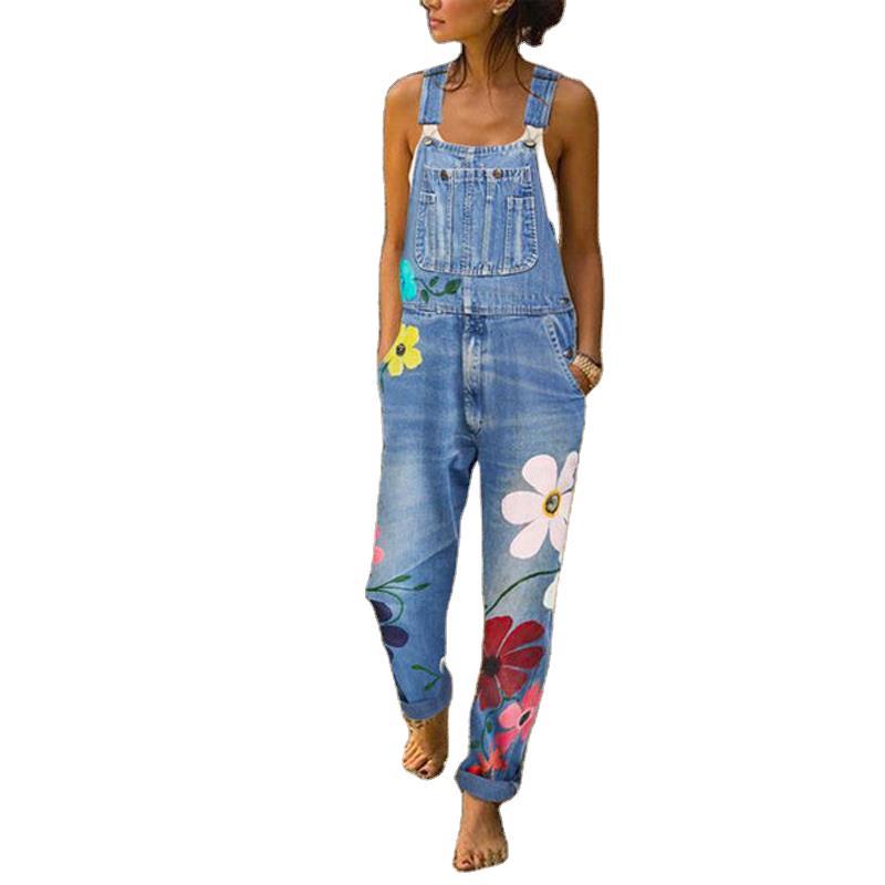 Women's Floral Print Denim Overalls With Pockets