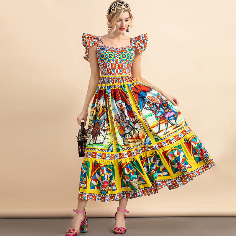 Flying-Sleeve Warrior Print Cotton Dress
