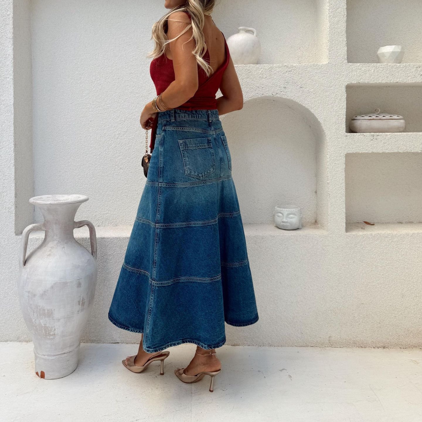 Womens Retro High-Waisted Casual Denim Midi Skirt