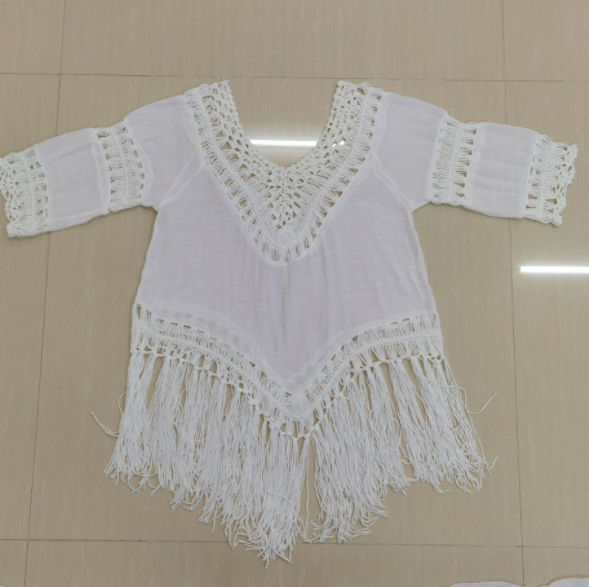 Hand-Crochet Flower Stitching Fringed Beach Blouse