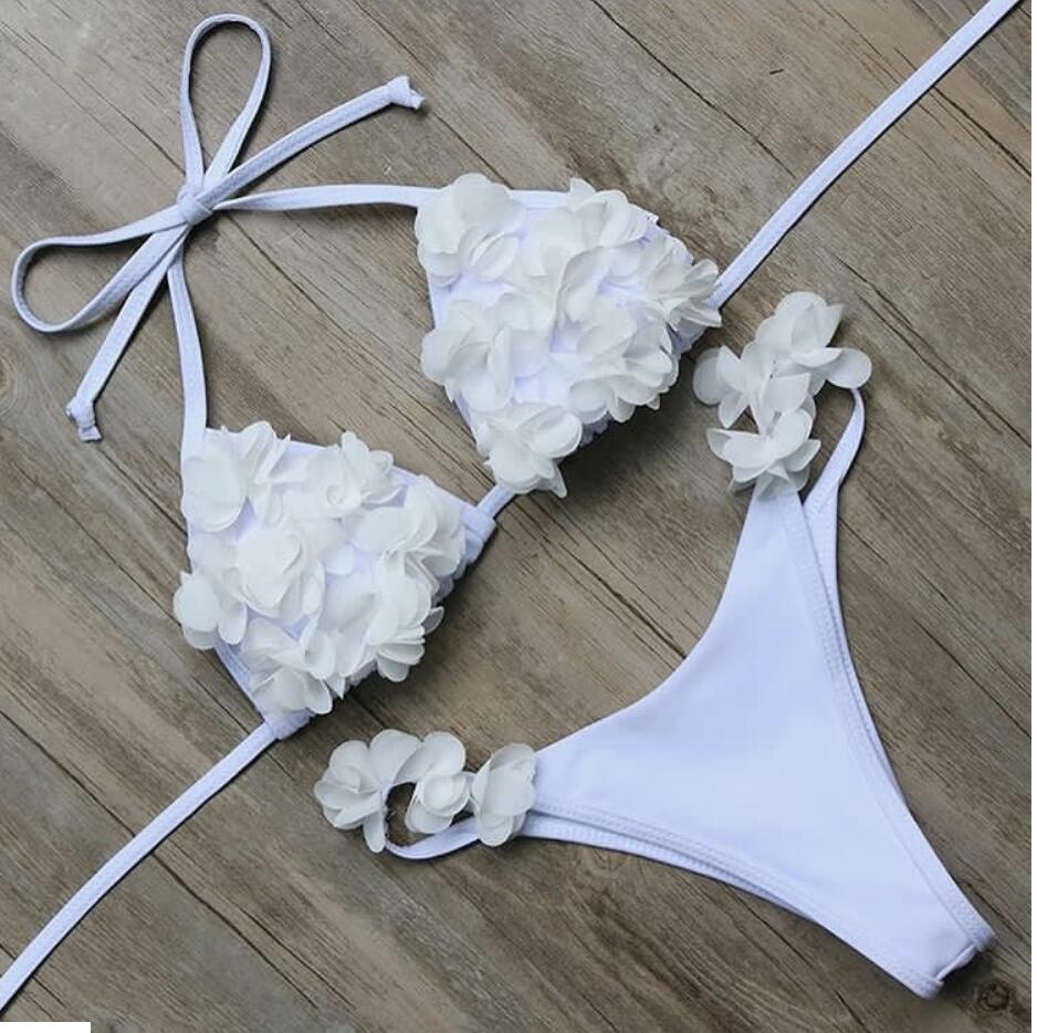 Three-Dimensional Flower Hanging Neck Two-Piece Bikini Set