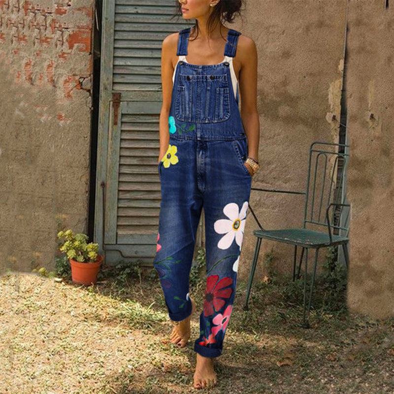 Women's Floral Print Denim Overalls With Pockets