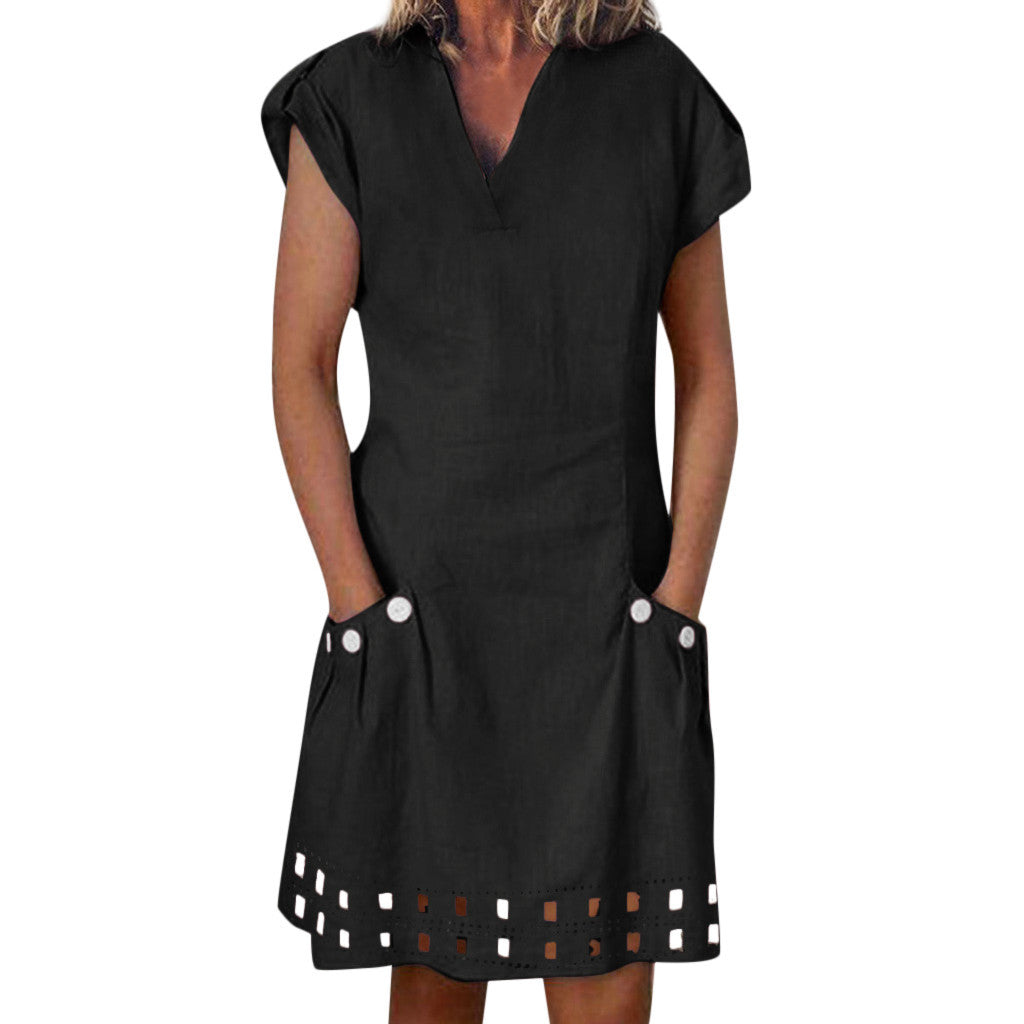 Loose V-neck casual cotton and linen skirt