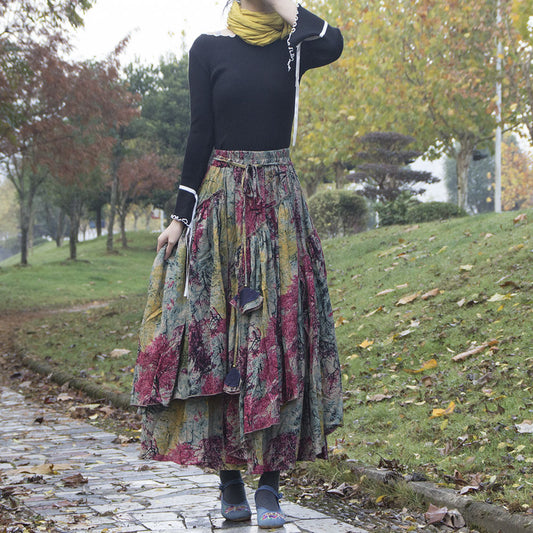 Ethnic-Style Cotton And Linen Printed Skirt