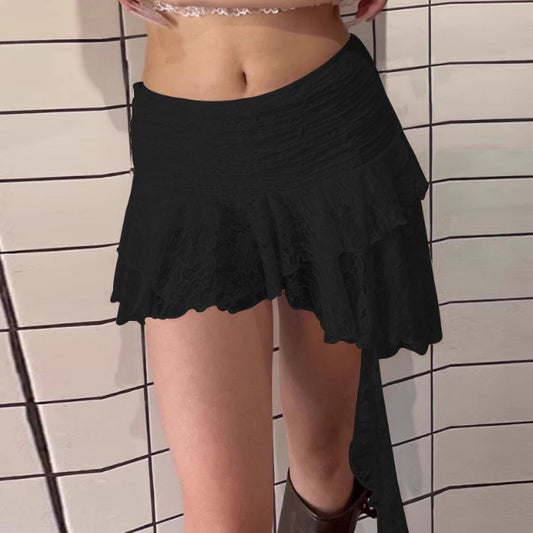 Retro-Style Lace-Edge Irregular-Hem Mini Skirt