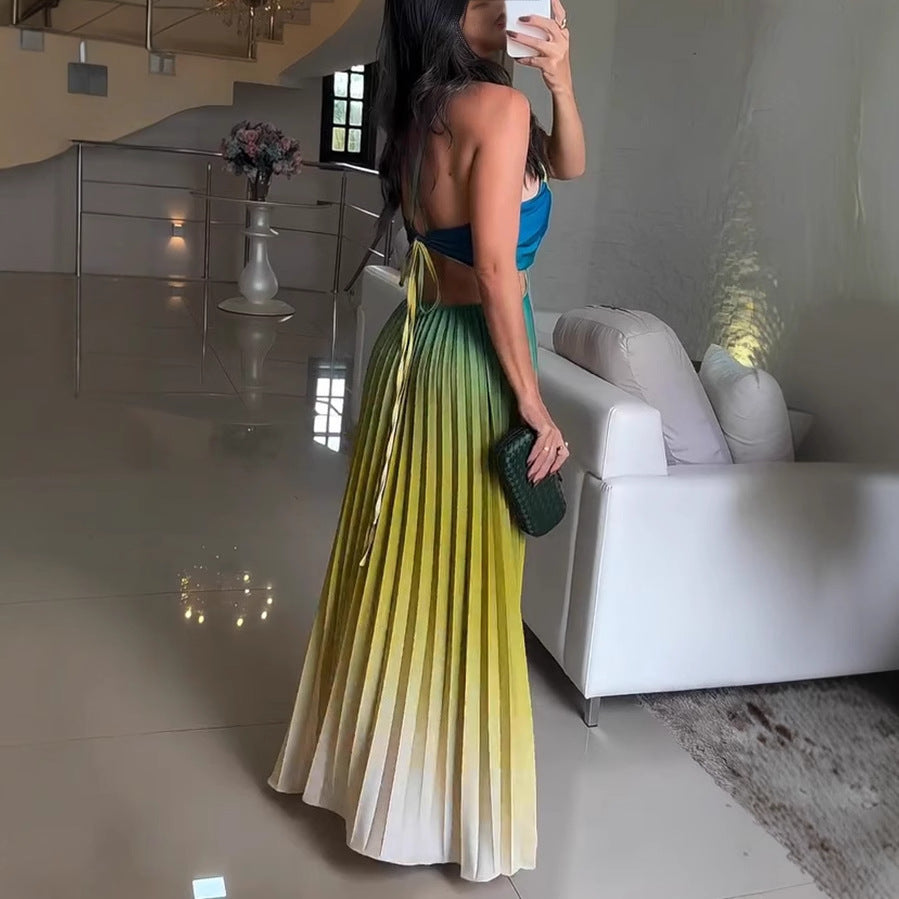 New European And American Sleeveless Pleated Backless Gradient Color Dress