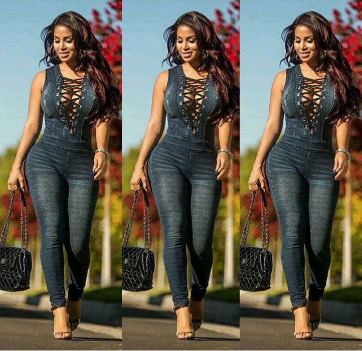 Denim Slimming Bust Set - Eyelets Jumpsuit