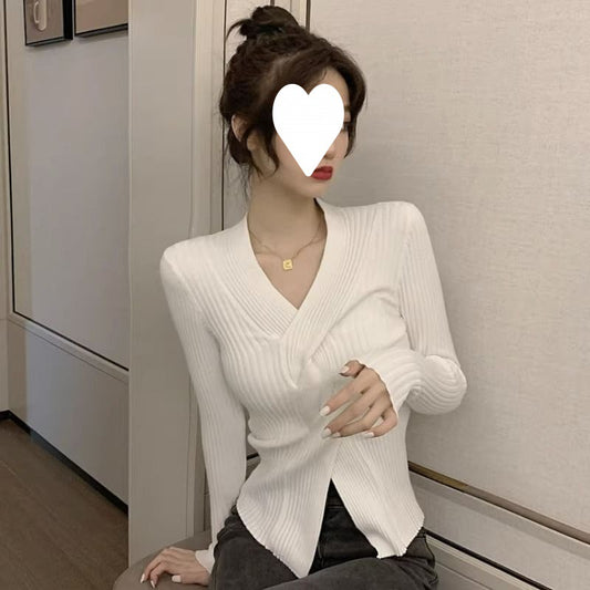 Japanese-Style V-Neck Sweater - Waist-Trimming Short Top For Women