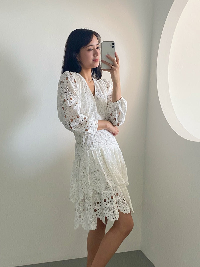 Hollow Embroidered Lace V-Neck Women's Dress