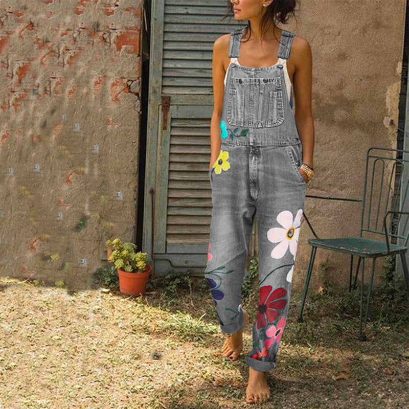 Women's Floral Print Denim Overalls With Pockets