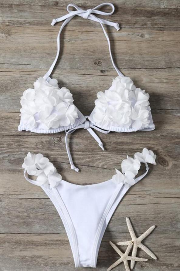 Three-Dimensional Flower Hanging Neck Two-Piece Bikini Set