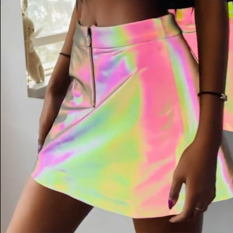 Reflective High-Waist Short A-Line Sun Skirt