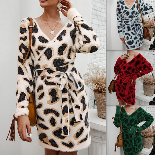 Leopard Print Woollen Long-Sleeve Dress