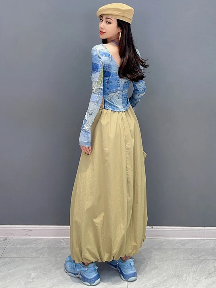 Big Pockets Denim Patchwork Long Skirt
