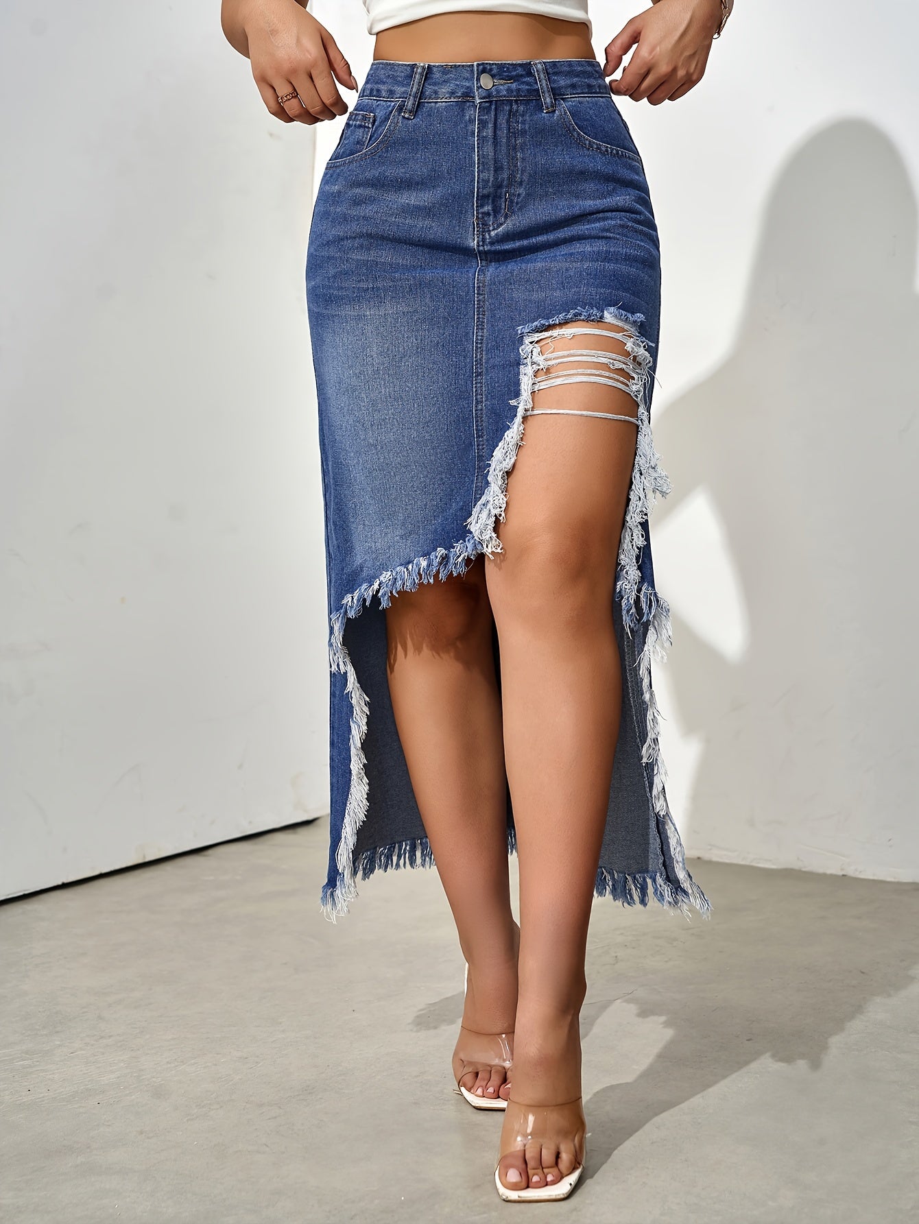 Asymmetric Raw-Hem Distressed Plain Washed Denim Skirt