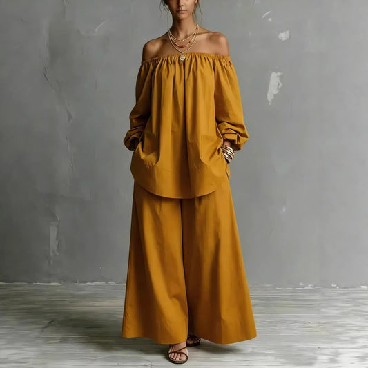 Off-shoulder Womens Cotton And Linen Wide-leg Pants Set