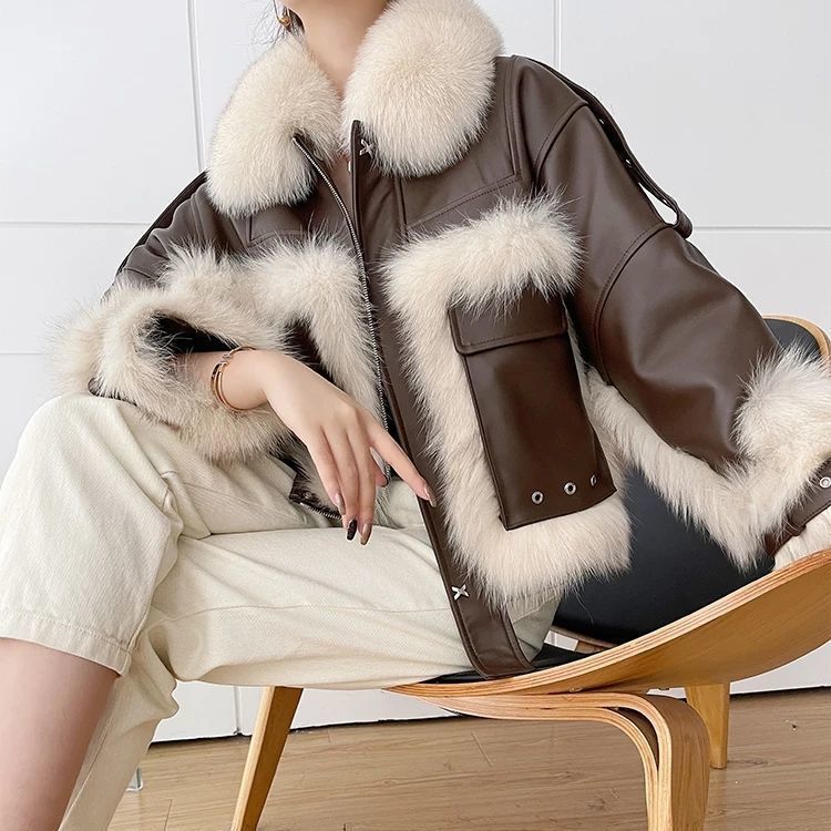 Fox Fur Stitching Leather Coat