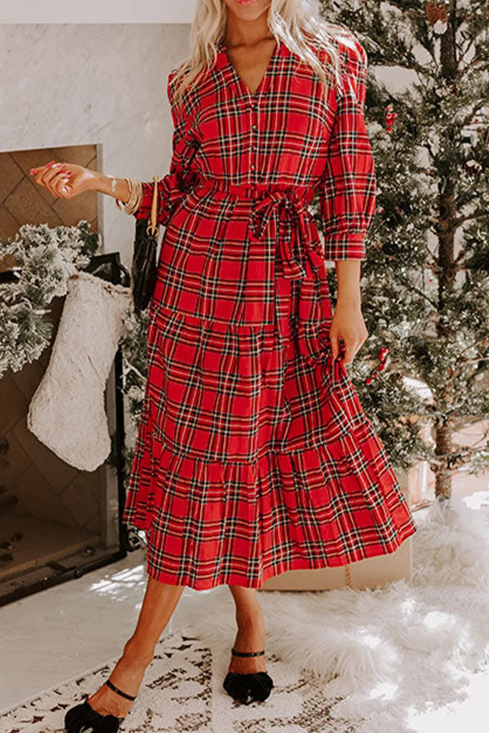 Red Plaid V-Neck Dress