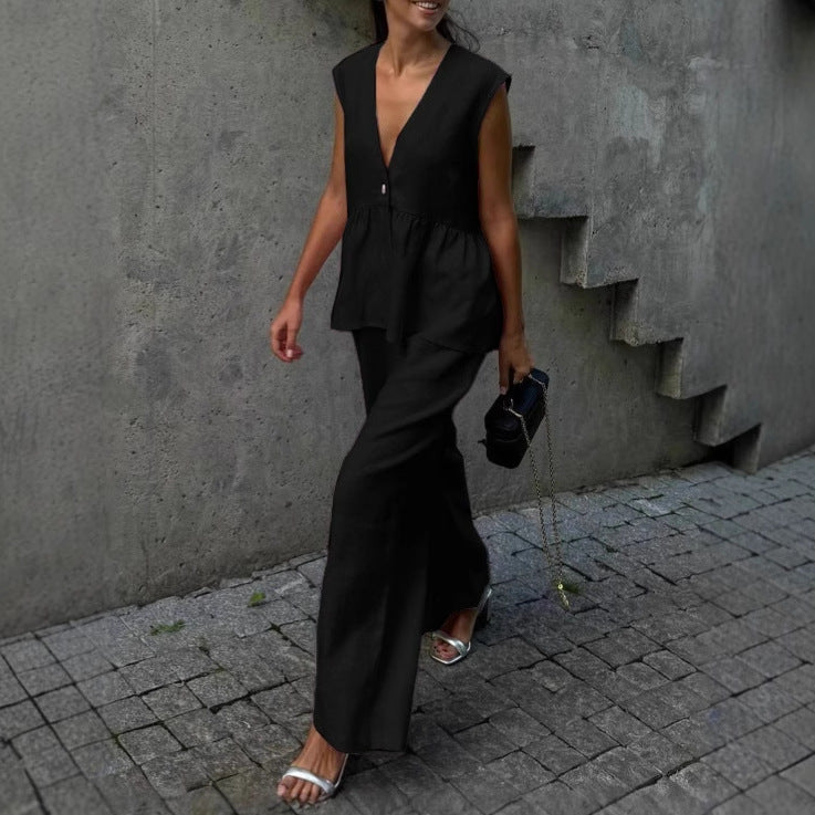 V-Neck Vest & Wide-Leg Pants Outfit
