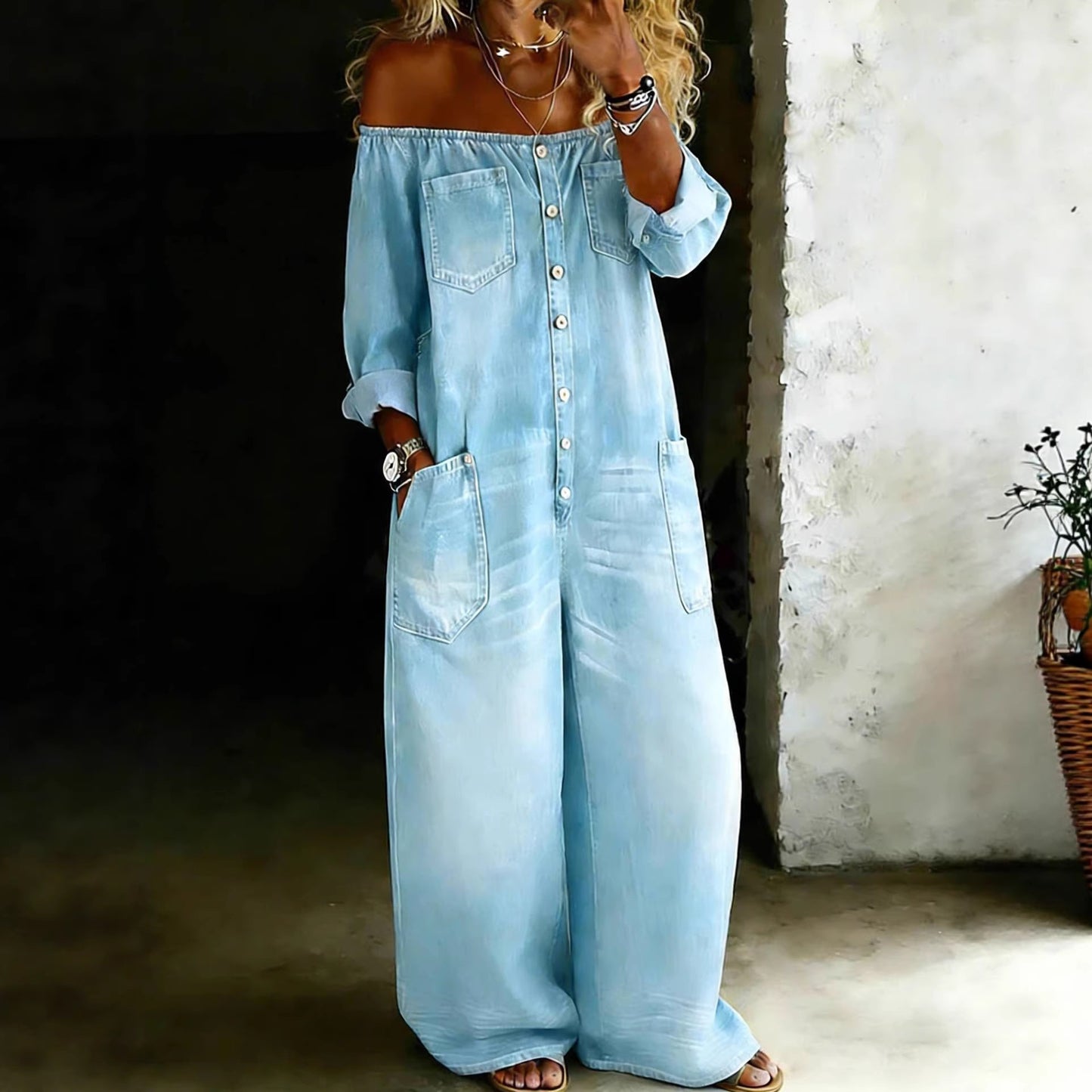 Single-breasted Off-shoulder Washed Faux Denim Jumpsuit