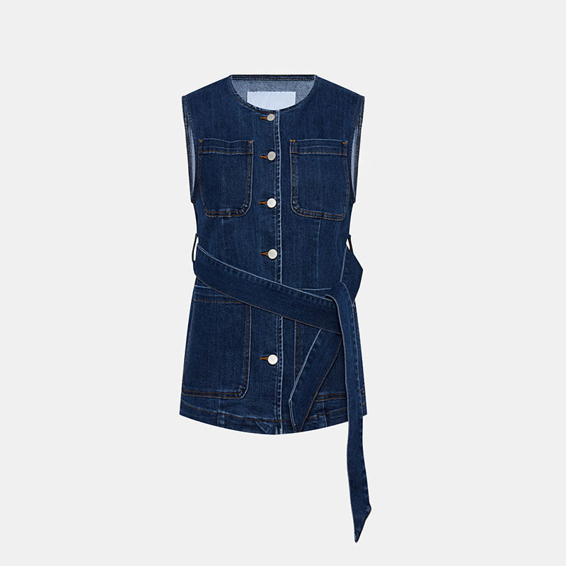 Denim Vest Jacket With Belt