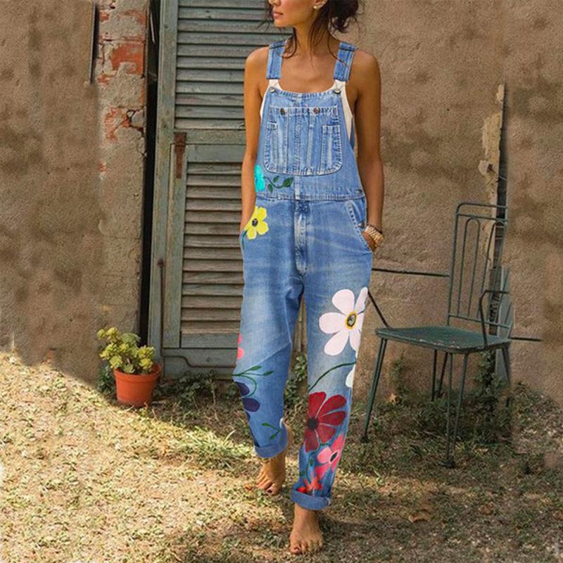 Women's Floral Print Denim Overalls With Pockets