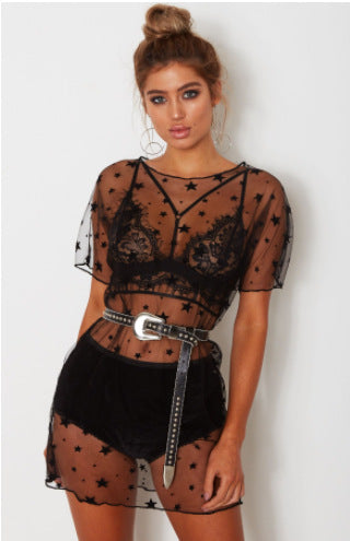 Round-Neck Short-Sleeve Perspective Mesh Lingerie