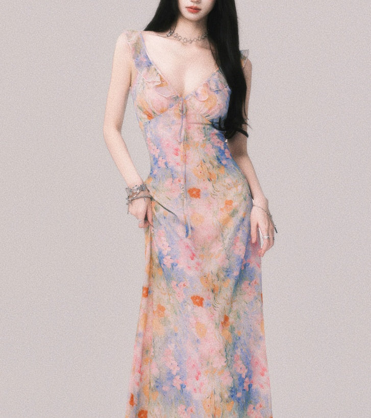 French Style V-neck Floral Strap Dress Seaside Vacation Style Long Dress