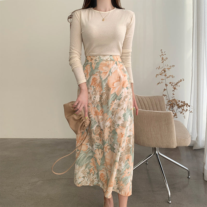 Flower High-Waist Straight Tube Long Skirt