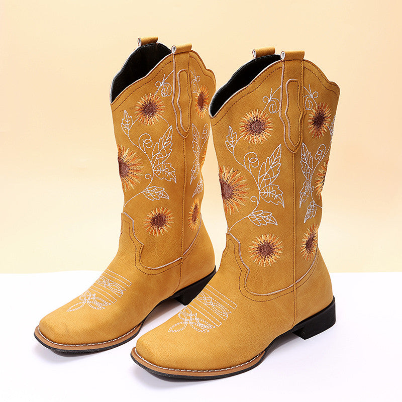 Sunflower Embroidery Cowboy Boots For Women - Low-Heel Western Boots