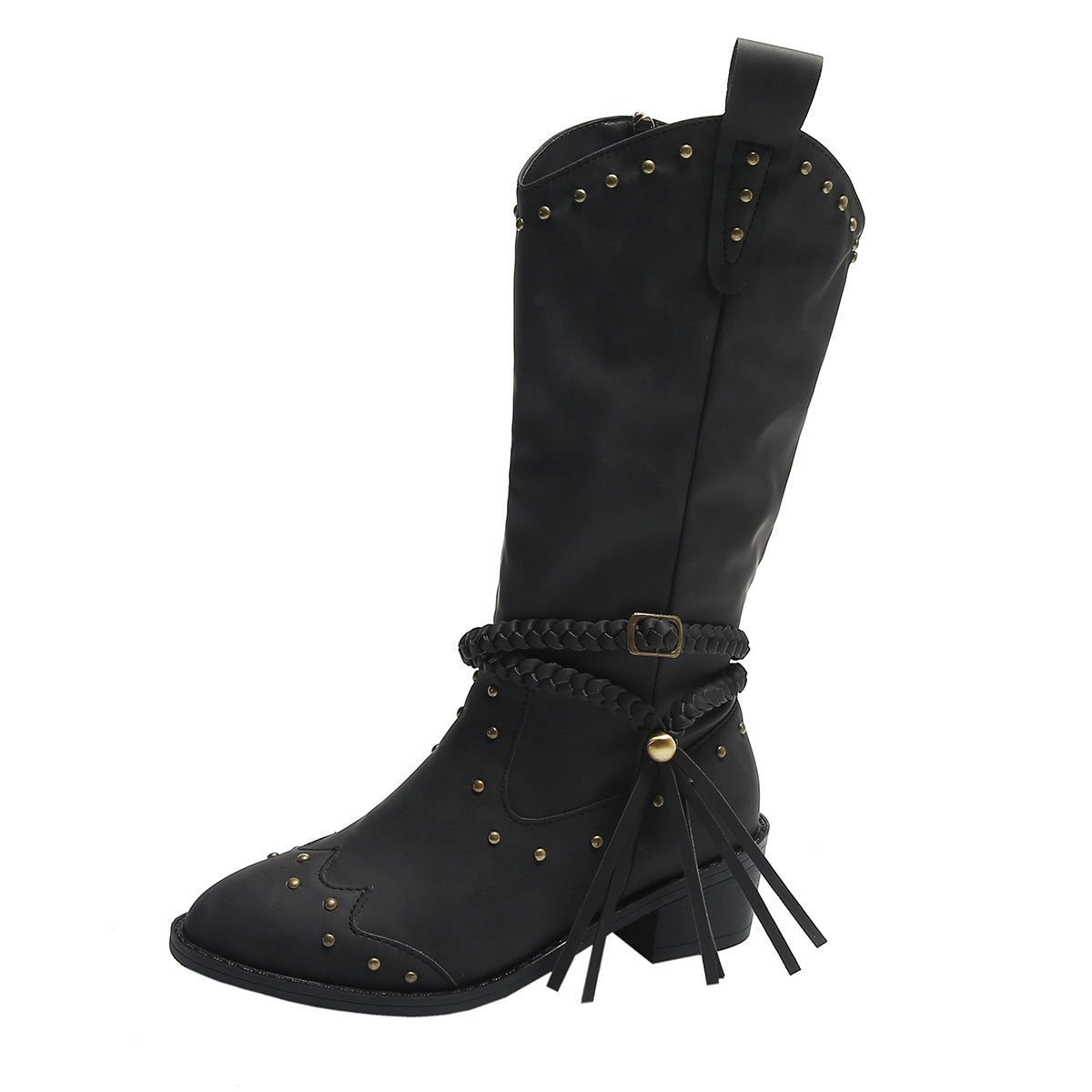 Retro Tassel Boots With Braided Strap Buckle