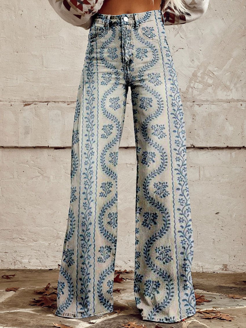 Women's 3D Printed Denim Wide-Leg Pants
