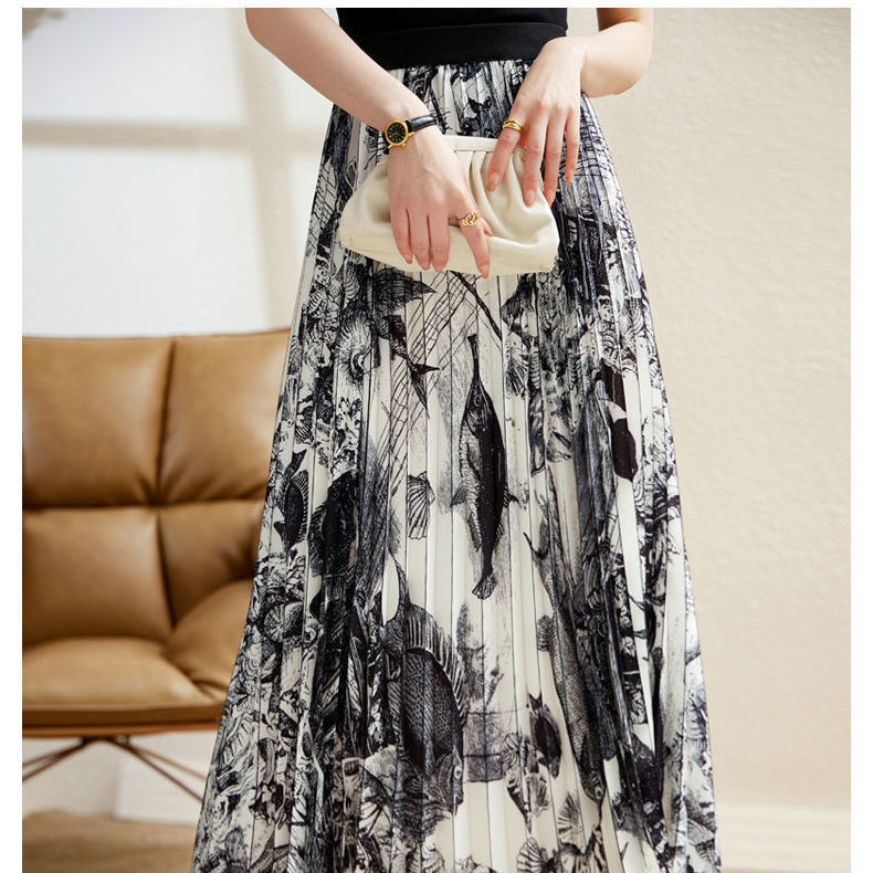 Elastic-Waist Ink Painting Midi Skirt