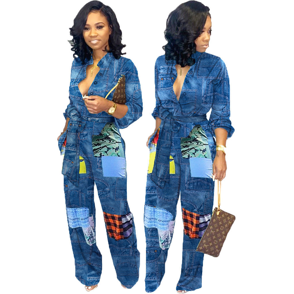 European & American Fashion Denim Jumpsuit