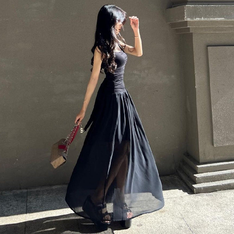 Square-Collar Pleated Large Swing Waist-Slimming Mesh Sling Dress