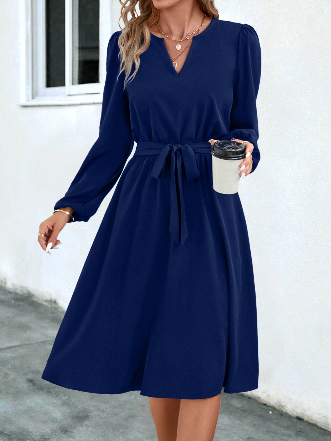 European & American Style Long-Sleeve Small V-Neck Lace-Up Dress