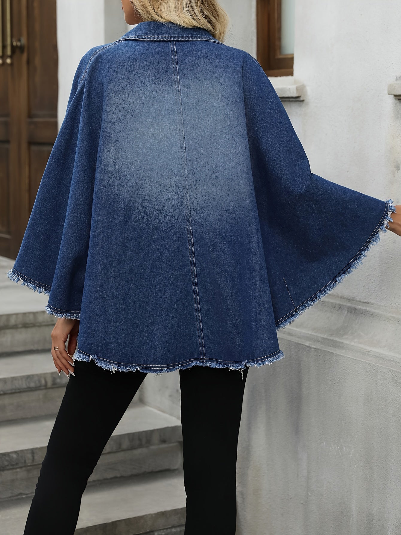 Raw-Hem Loose-Fit Zipper Batwing-Sleeve Oversize Elegant Denim Jacket