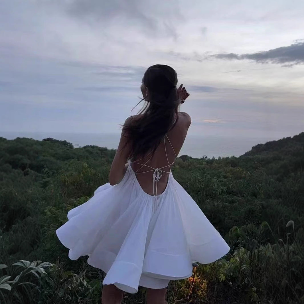 Sexy Sling Deep-V Backless Pleated Dress