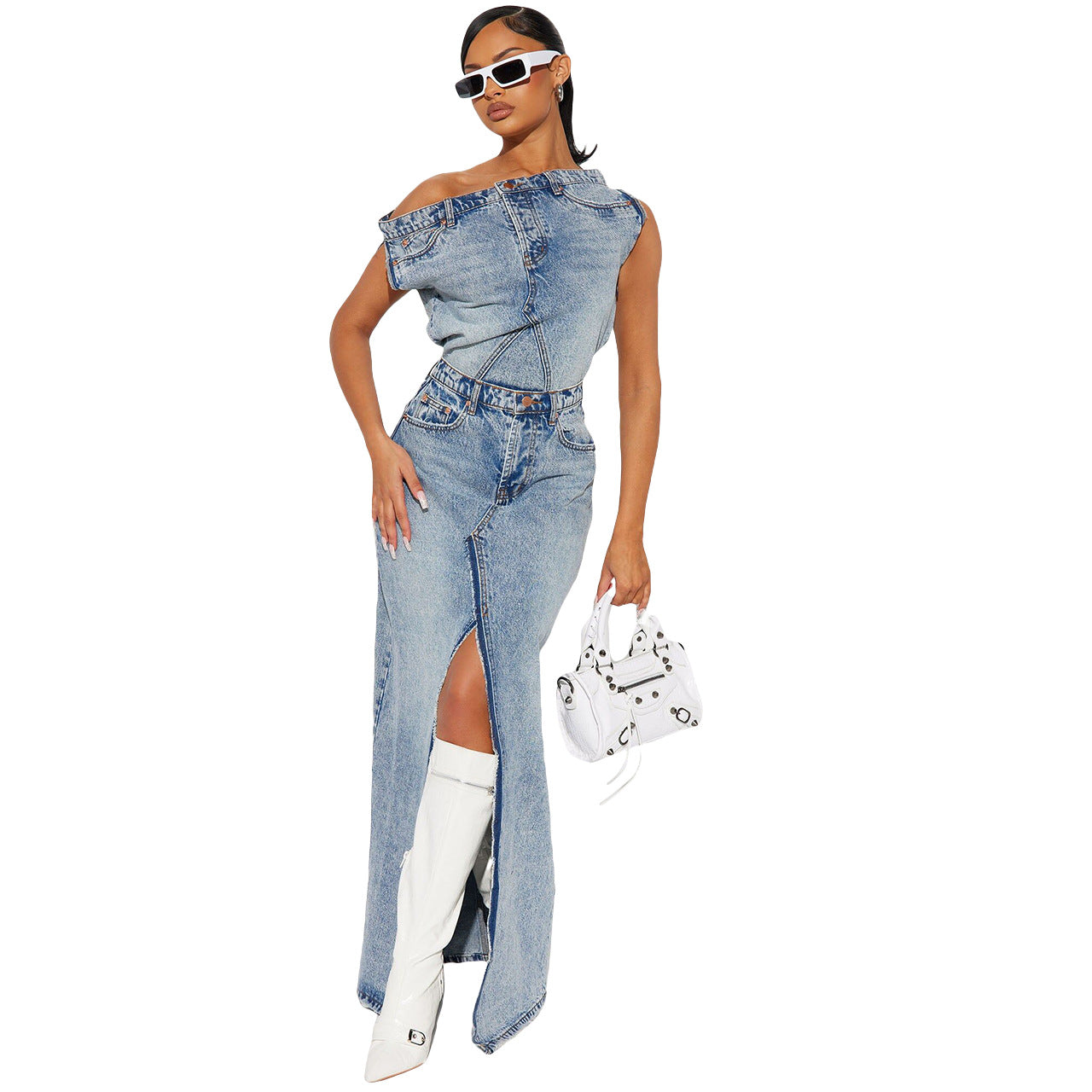 Retro Denim Casual Skirt Suit