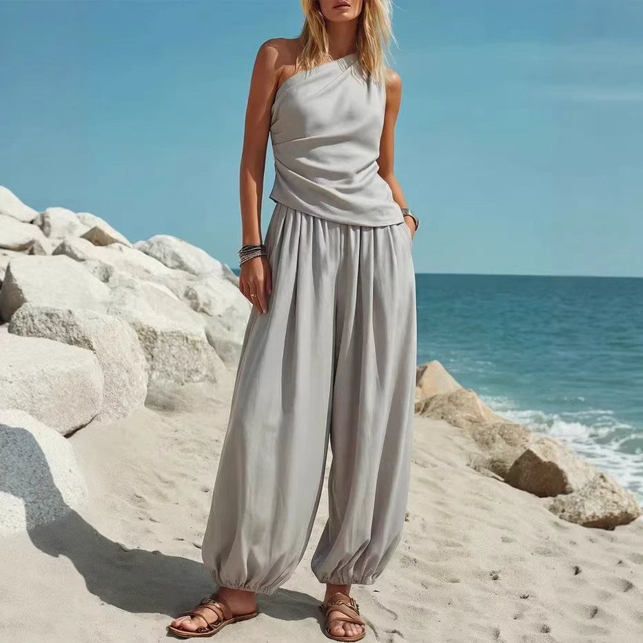 Casual Minimalist Solid-Color Sleeveless Tank Top And Loose High-Waist Pants Set For Women