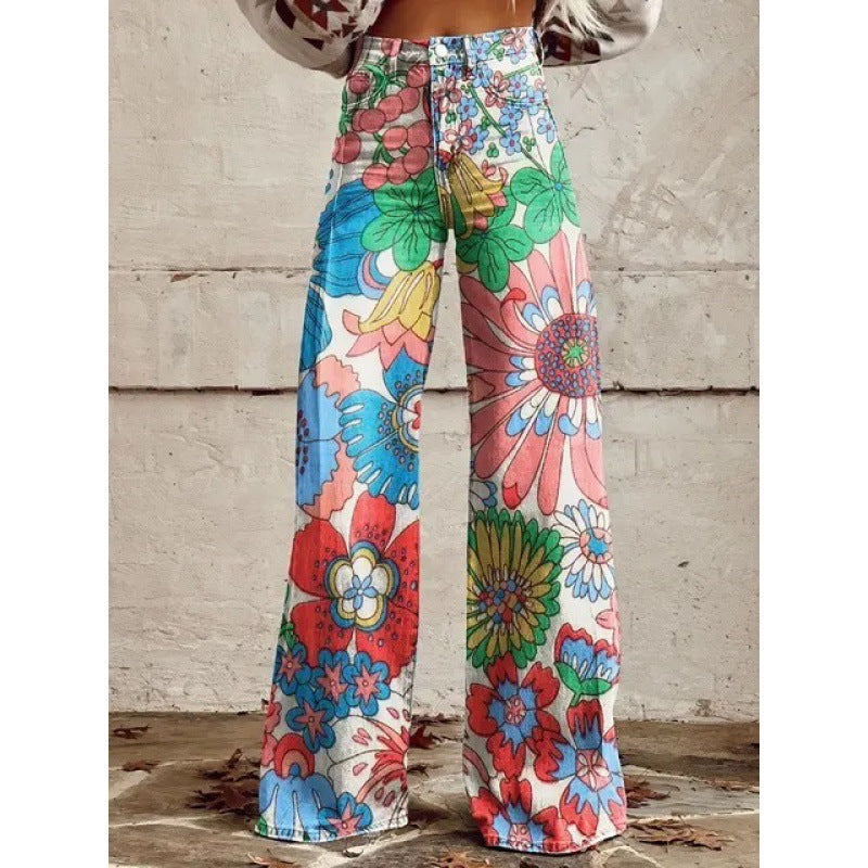 Printed High-Waist Loose Thin Imitation Denim Wide-Leg Pants