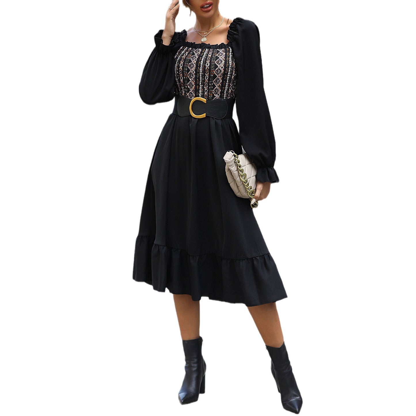 Women's Square-Neck Cinched Midi Dress