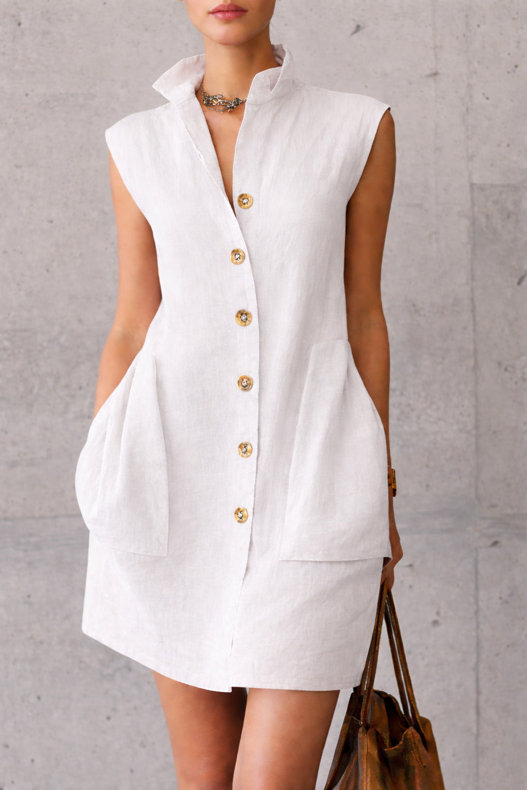 Slimming Sleeveless Stand-Collar Shirt Dress
