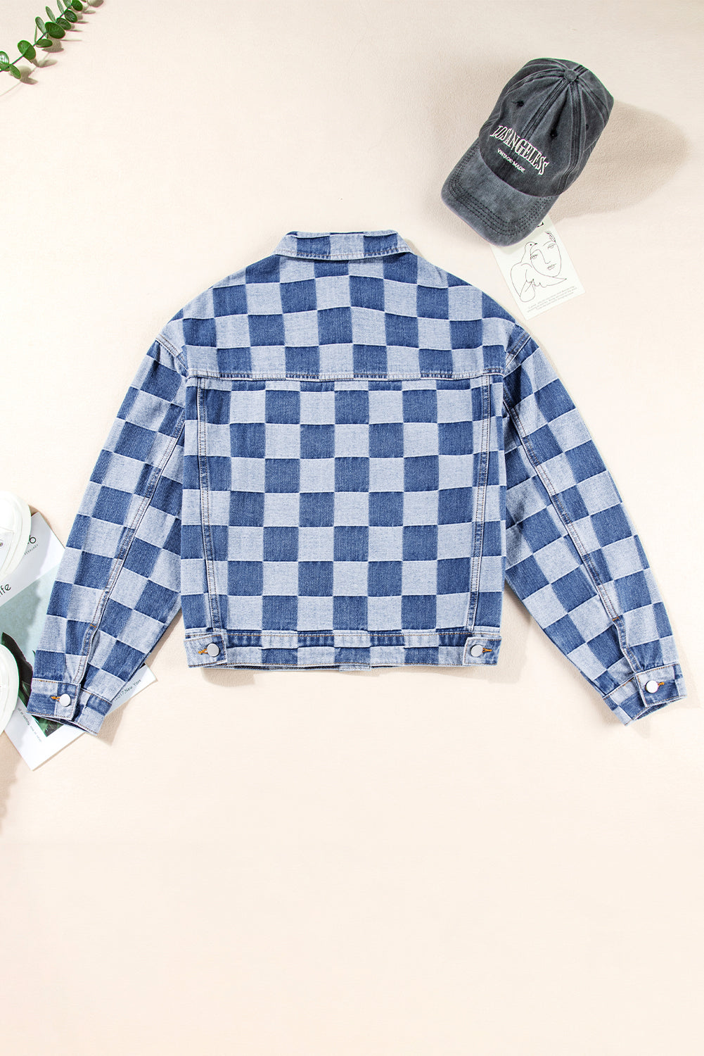 Light Blue Chequered Patchwork Button-Up Denim Jacket