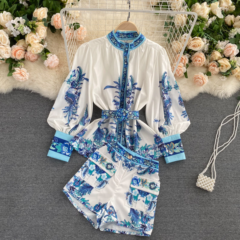 Two-Piece Printed Pull Sleeve Blouse Top + Shorts