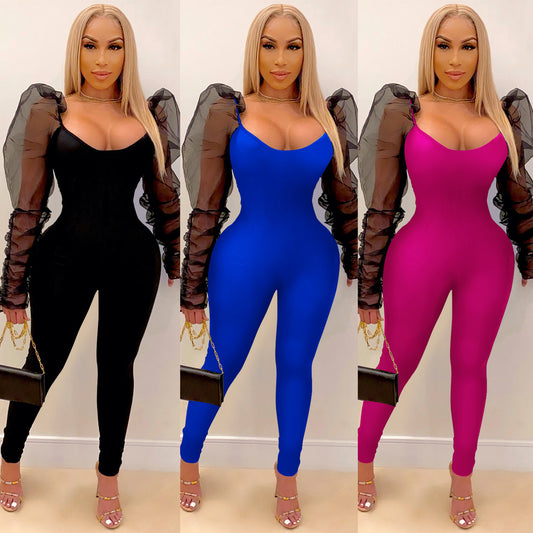 Tight Solid-Colour Casual Mesh Jumpsuit