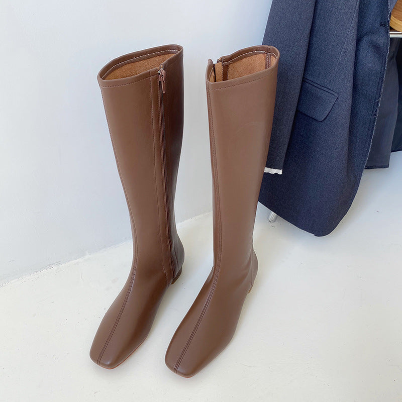 Flat-Heel Knee-High Square-Head Zipper Knight Boots