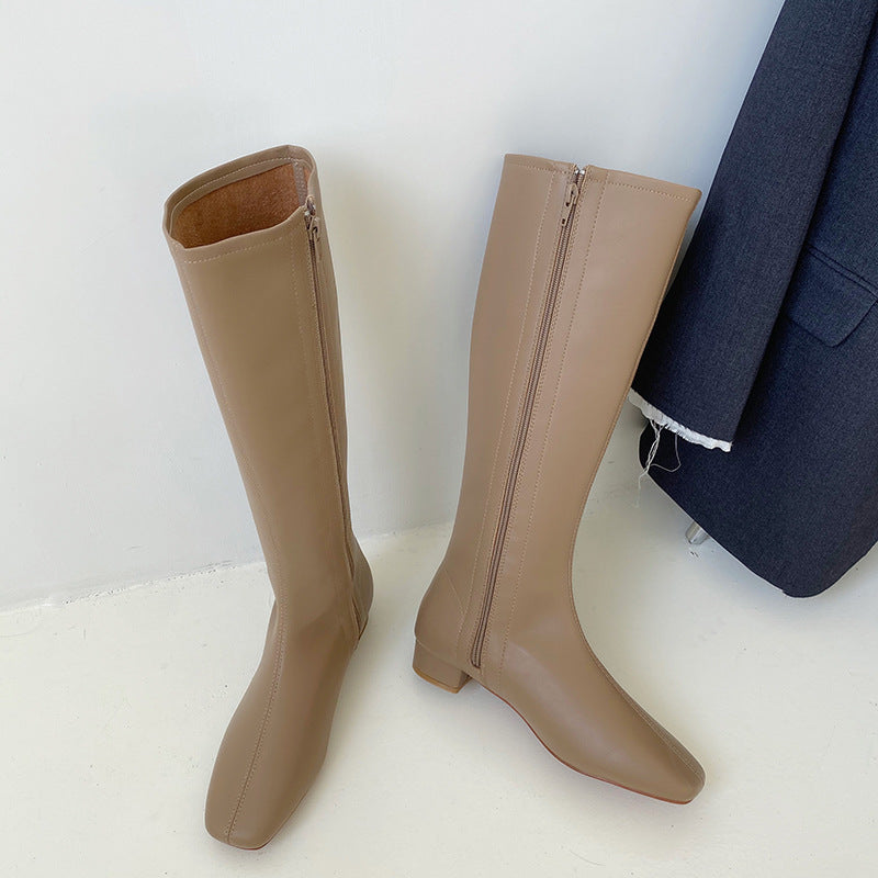 Flat-Heel Knee-High Square-Head Zipper Knight Boots