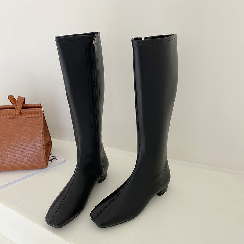 Flat-Heel Knee-High Square-Head Zipper Knight Boots