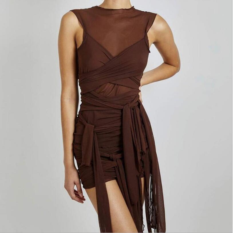 Ribbons Mesh See-Through Bodycon Party Mini Dress